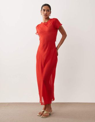 Asos Vestito lungo in chiffon con scollo ad anello sul retro-Rosso