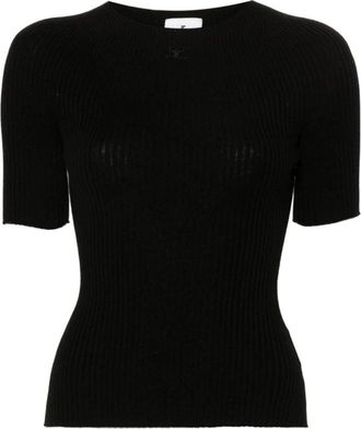 Courr&egrave;ges Zwarte Geribbelde Gebreide T-Shirt - Dames - T-shirts - Zwart - XS - Katoen - Tops
