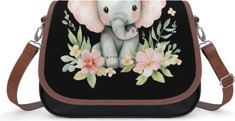 Generic Cute Elephant With Flowers Watercolor Womens Crossbody Bag Fashion Shoulder Handbags Message Tote Bag with Adjustable Strap