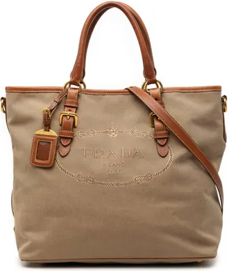 Prada Beige Brown Canvas Leather Shoulder Bag Tote Bag (Pre-Owned)