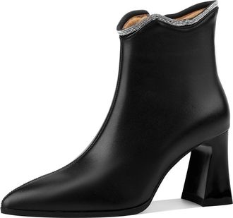 TinaCus Womens Pointed Toe Handmade Chunky Heels Genuine Leather Zip Up Ankle Boots with Crystal, Black, 2.5 UK
