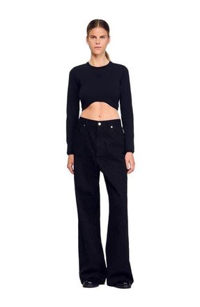 Sandro Cropped embroidered T-shirt in Black at Nordstrom, Size X-Large