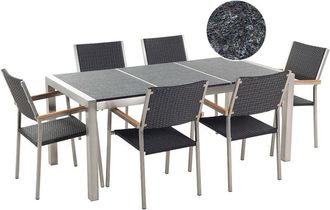 Beliani Conjunto De Comedor De Jard&iacute;n Negro Con Mesa 180 X 90 Cm De Basalto Negro 6 Sillas De Rat&aacute;n Grosseto