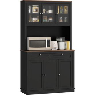 HOMCOM Homcom Alacena De Cocina, Con 3 Puertas De Vidrio, Encimera Abierta Para Microondas, 2 Cajones Y Estantes Ajustables, 100x40x180 Cm, Negro