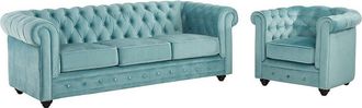 Vente-Unique Sof&aacute; 3 plazas y sill&oacute;n de terciopelo CHESTERFIELD - Azul pastel