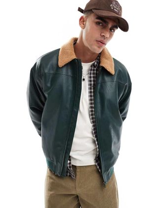 Cotton On faux leather flight jacket in dark emerald-Green