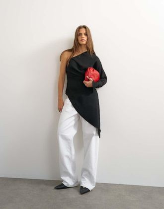 Topshop tunica asimmetrica monospalla drappeggiata a maniche lunghe nera-Nero