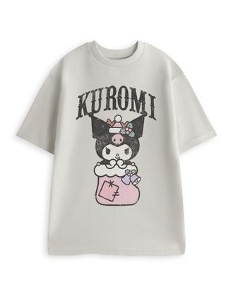 Hello Kitty Kuromi Unisex Adults Light Grey T-Shirt | Short Sleeve Crew Neck Graphic Tee for Casual Wear | Cartoon Print Top Merch