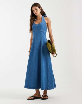 Asos Vestito lungo in denim blu allacciato al collo