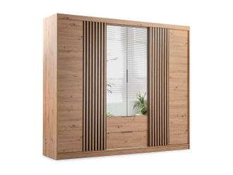 Vente-Unique Armario 4 puertas y 2 cajones - Con espejo - An.250 cm - Color: Natural - SIDOVIA