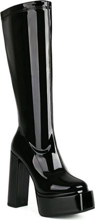 Generic Womens Fashion Slim Stretch Knee High Boots Platform Square Toe Block Heel Pumps Winter Dress Shoes with Zipper (5.5,Black)