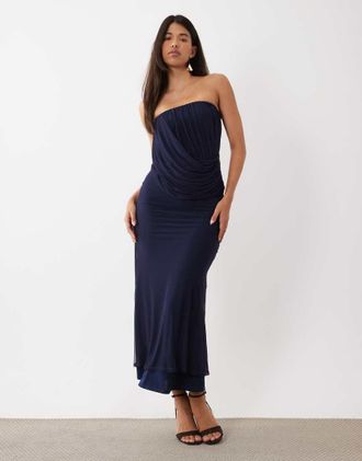 Asos vestito maxi a fascia con drappeggio in rete navy-blu navy