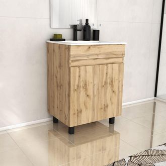 Aurlane Aurlane - Mueble De Ba&ntilde;o 60cm 2 Puertas Aspecto Roble Natural Y Lavabo Blanco