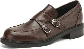 Generic Womens PU Leather Double-Buckle Loafers Slip-On Low Block Heel Round Toe Non-Slip Sole Classic Comfortable Durable Stylish Shoes,Brown,3.5 UK