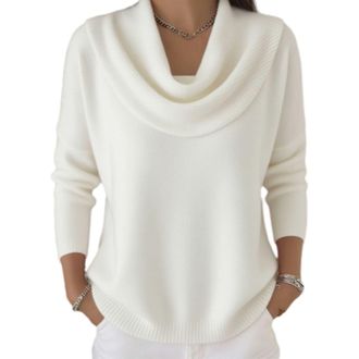 Generic Womens Soft and Elegant Solid Color Ruffled Collar Sweater Top, Casual Loose Fashion Cowl Neck Long Sleeve Tops (UK, Alpha, M, Regular, Regular, White
