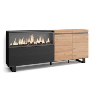Skraut Home Aparador efecto madera roble y negro 208x35x87cm chimenea efecto fuego