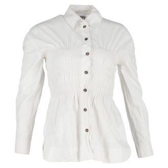 Ganni Ganni Shirred Long Sleeve Shirt in White Cotton