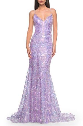 La Femme Print Sequin Mermaid Dress with Lace Up Back in Light Periwinkle at Nordstrom, Size 6