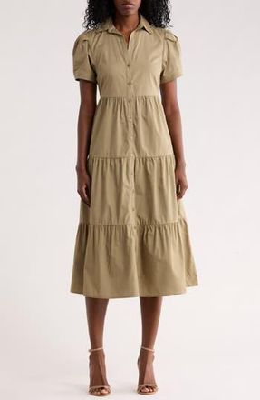 Calvin Klein Short Sleeve Cotton Tiered Maxi Dress in Light Olive at Nordstrom Rack, Size 10