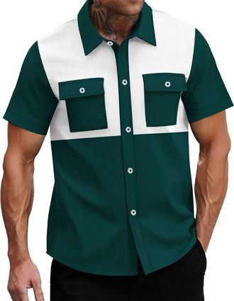 Generic Pocket T Shirts for Men Waffle Shirt Two Pockets Short Sleeve Button Down Colorblock T-Shirt Casual Work Vintage Tops Camisas para Hombre(Green, XL)