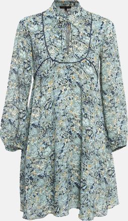 Maje Blue Printed Crepe Neck Tie-Up Mini Dress