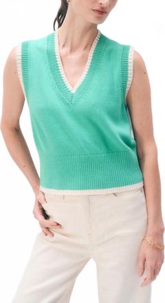 White + Warren Varsity Cotton Sweater Vest In Retro Green/ivory
