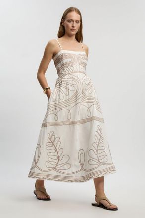 Karen Millen Womens Petite Cotton Linen Cornelli Embroidered Strappy Woven Midi Dress - White - Size 12 UK