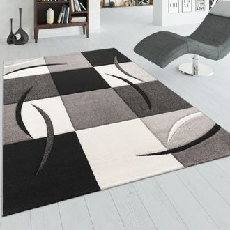 Paco Home Paco Home - Alfombra De Dise&ntilde;o Perfilado - A Cuadros - En Negro Blanco Gris 300x400 Cm