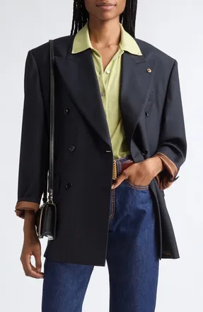Versace Pinstripe Double Breasted Virgin Wool Blazer in Dark Navy Black at Nordstrom, Size 38