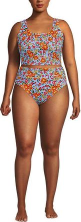 Lands End Plus Size Tugless Ribbed Midkini and High Waisted Bottom Swimsuit Set in Blue Springside Floral at Nordstrom, Size 2X