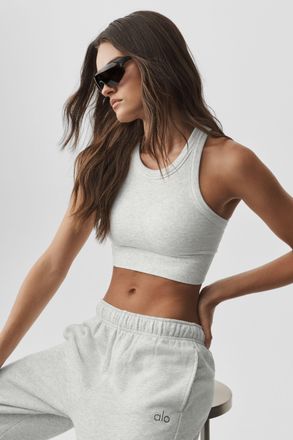 Alo | Seamless Delight High Neck Bra Tank Top in White Heather, Size: Medium