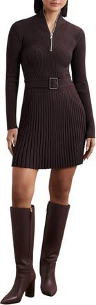 Reiss Vienna Belted Long Sleeve Rib Dress in Plum Purple at Nordstrom, Size Medium