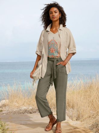 Heine Hemdbluse HEINE, Damen, Gr. 34, sand, 55% Leinen, 45% Baumwolle, unifarben, Rundhals, Blusen Hemdbluse