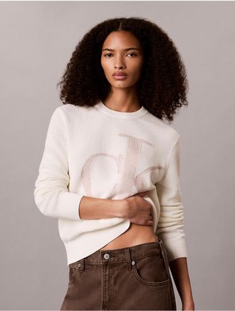 Calvin Klein Jeans Calvin Klein Womens Smooth Cotton Lurex Monogram Logo Sweater - White - XL