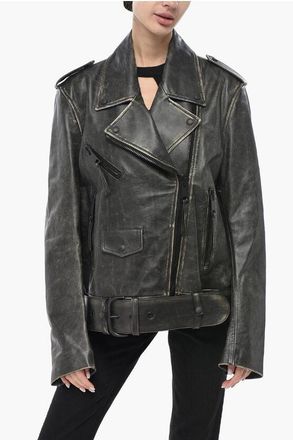 Off-white Vintage-Effect Leather Biker Jacket size 44