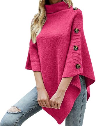 Generic Ladies Poncho High Collar Shawls with Buttons Elegant Knitted Cape for Women Womens Cape Shawl Wrap Long Knitted Sweater Folded Roll Neck Button Jumpe