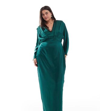 Tfnc Plus satin kimono top maxi dress in emerald green