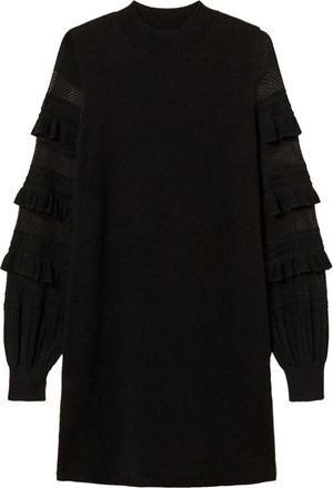 Twinset Mini gebreide jurk met ruches en opengewerkte mesh - Dames - Kleedjes - Zwart - M - Kleedjes