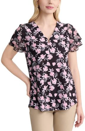 Jones New York Mixed Media Flutter Sleeve Top in Jones Black Multi at Nordstrom, Size Medium