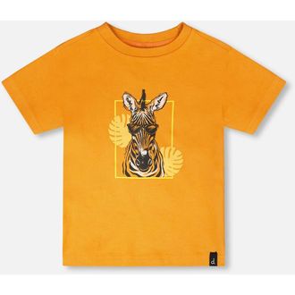 Deux par Deux Organic Cotton Zebra Print Short Sleeve T-Shirt in Orange at Nordstrom, Size 24M