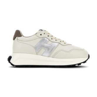 Hogan Witte Sneakers Paneelontwerp Metallic Afwerking - Dames - Sneakers - Wit - 40 EU - Leer - Schoenen