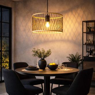 Nowa Lampada da tavolo a sospensione a LED Lampada da soggiorno Boho in bamb&ugrave; nero, metallo, colore naturale, 1x E27 LED bianco caldo, DxH 35x150 cm