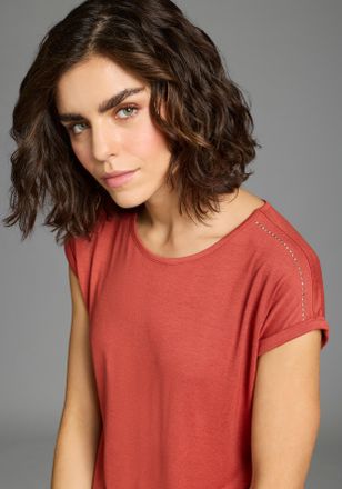 Laura Scott T-Shirt LAURA SCOTT, Damen, Gr. 34, rostrot, Jersey, Obermaterial: 95% Viskose, 5% Elasthan, unifarben, Basic h&uuml;ftlang, Rundhals, angeschnitten, Shirt