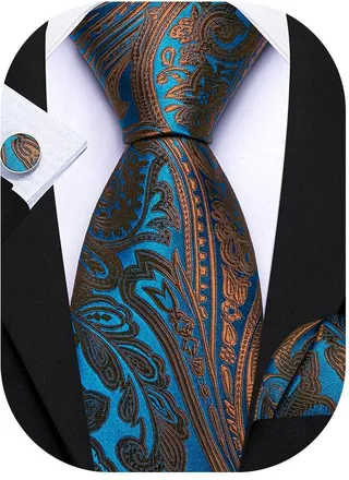 Barry.Wang Paisley Tie and Pocket Square Set Mens Teal Brown Silk Necktie Handkerchief Cufflinks Sets Wedding Prom