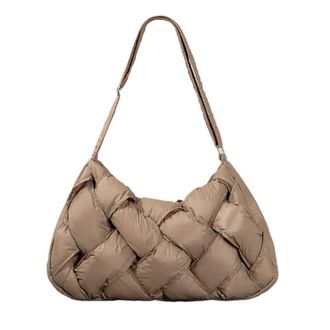 Generic Large Capacity Down Cotton Nylon Shoulder Bag With Crossbody Design Black Woven Handbag Versatile Pleated(Khaki)