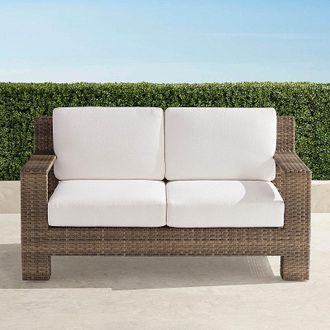 Frontgate St. Kitts Loveseat with Cushions in Light Kona Wicker - Standard, Sailcloth Cobalt - Frontgate
