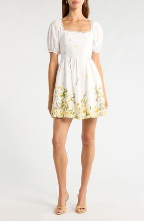 Sugarlips Raina Floral Print Puff Sleeve Flare Dress in Ivory-Multi at Nordstrom, Size X-Small