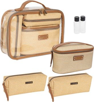 Joan & David Collection Womens Straw Texture 4 Piece Clear Cosmetic Bag Set In Natural