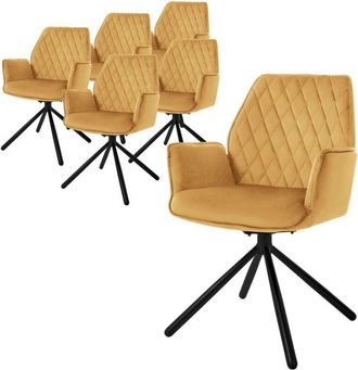 ML Design 6x Sillas De Comedor Con Respaldo Y Reposabrazos Asiento Amarillo Mostaza Tapizado Con Funda De Terciopelo Patas De Metal Sill&oacute;n Giratorio Dise&ntilde;o Ergo