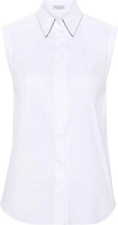Brunello Cucinelli Stretch Cotton Poplin Sleeveless Shirt With Shiny Trim